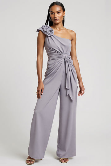 One Shoulder Grey Purple Work Jumpsuits with 3D Flowers